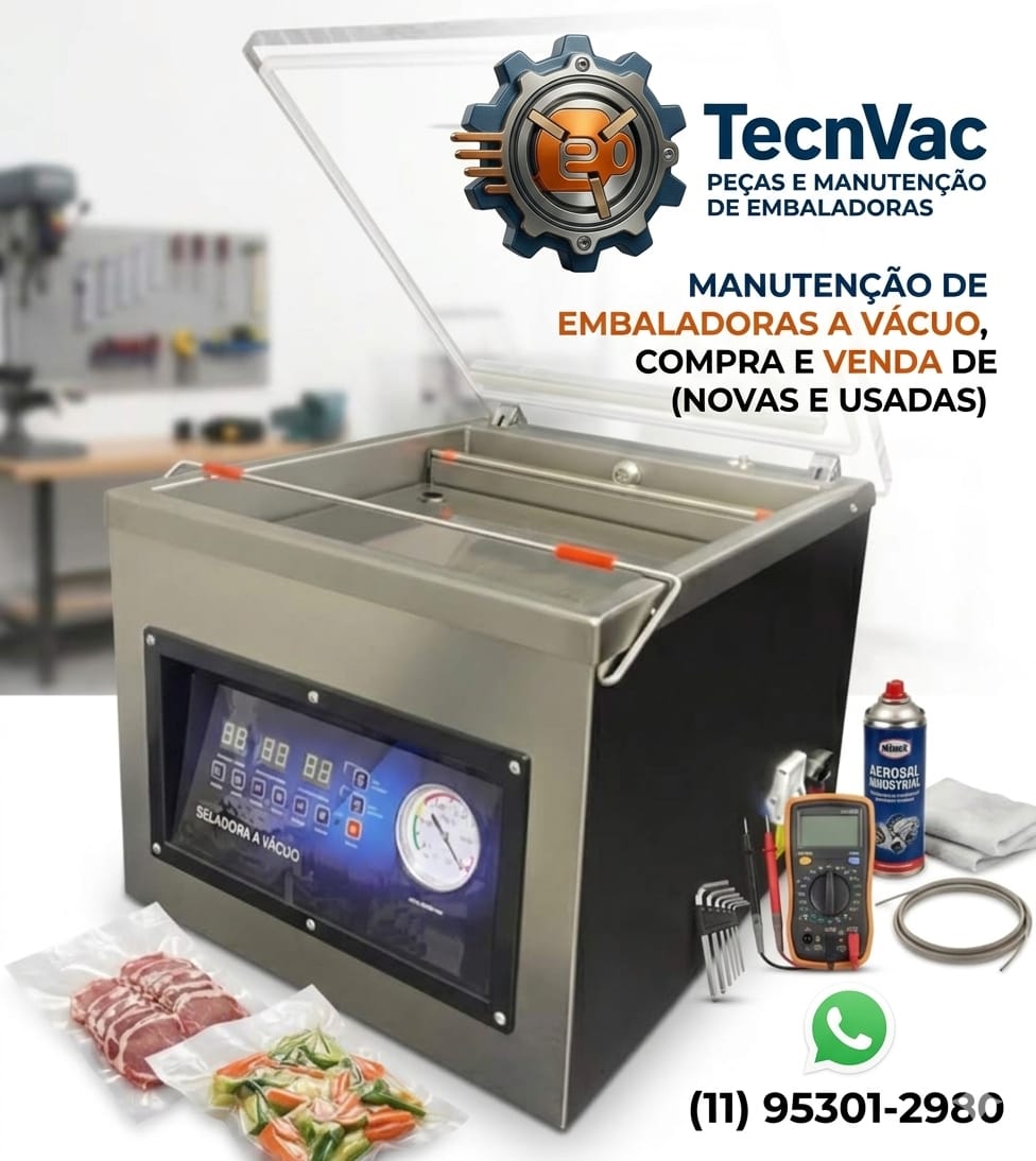 Embaladora à vácuo Tecnvac com peças e ferramentas de manutenção